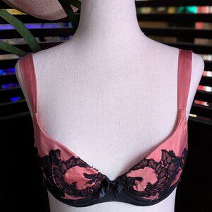 Agent Provocateur Soirée Deep Coral Satin & Black Lace Plunge Bra 34C